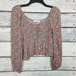 Lush Floral Peasant Crop Blouse M Green Coral